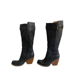 Korks by Kork-Ease EUC Black Pebbled Leather Tall Block Heel Boots 7M Zip Buckle